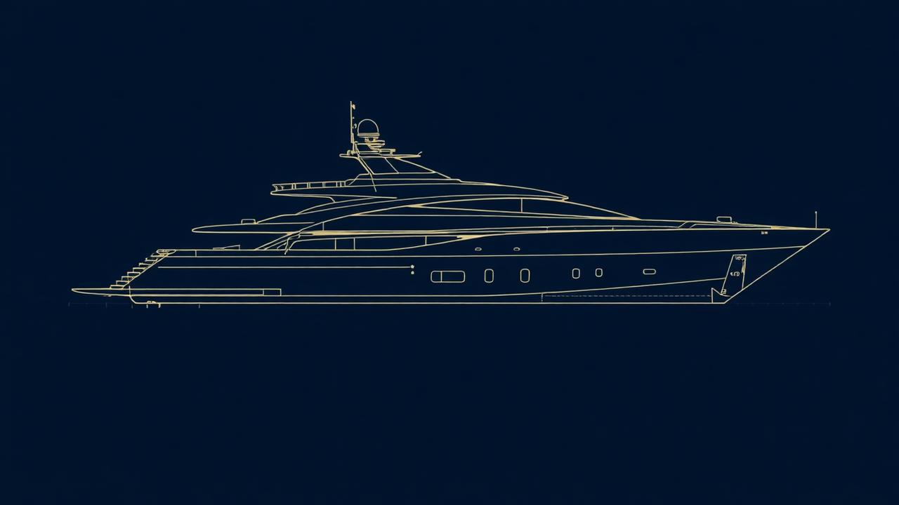 Technical wireframe rendering of a superyacht hull